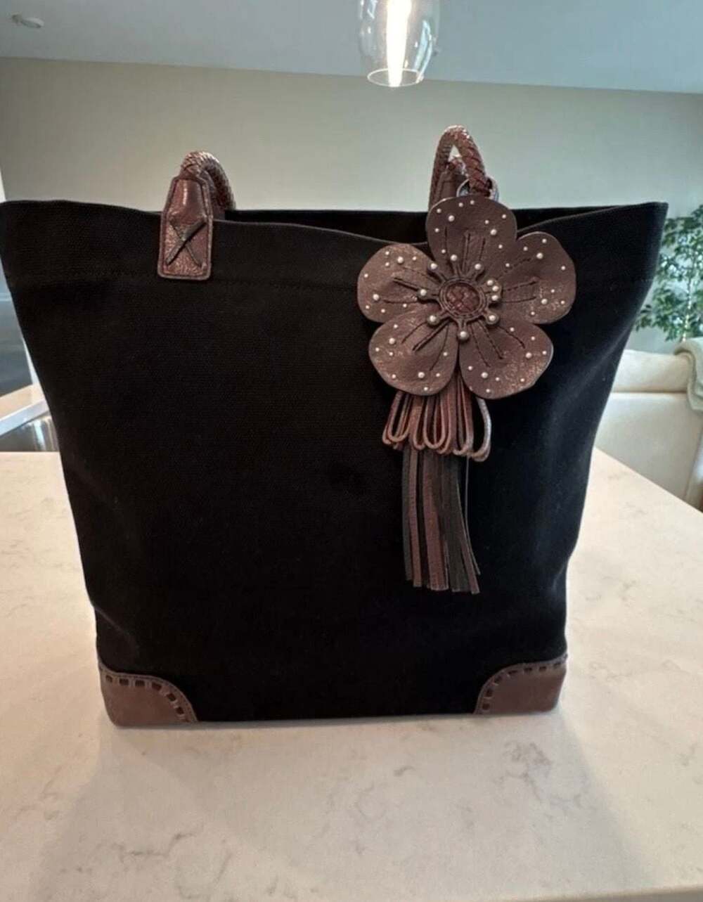 Brighton Canvas Shoulder Bag with leather details Logo Embossed Interior Patch